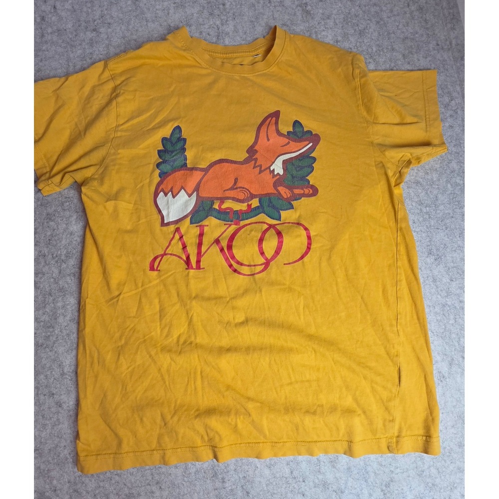 AKOO Mens Mustard Yellow Fox Graphic T-Shirt Medium Streetwear Hip Hop Y2K Urban
